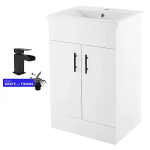 600mm Bathroom Vanity Unit White Cloakroom Two Door Basin Sink Cabinet with Black Handles & Matt Black Tap Set