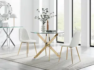 Furniturebox UK Novara 100cm Round Gold Leg Dining Table & 2 White Corona Gold Chairs