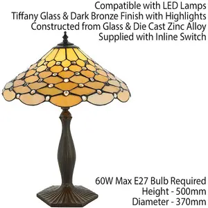 Tiffany Glass Table Lamp Light Dark Bronze & Rich Cream Geometric Shade i00226