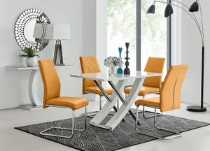 Furniturebox UK Mayfair 4 White High Gloss And Stainless Steel Dining Table And 4 Mustard Lorenzo Chairs Set