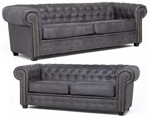 Astor Chesterfield Style Sofa Set 3+2 Seater Armchair Grey Faux Leather (3+2 Seater)