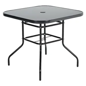 Black Square Tempered Glass Garden Bistro Dinging Table with Umbrella Hole Outdoor 80 cm