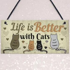 Red Ocean Funny Cat Sign Life Is Better With Cats Hanging Plaque For Home Cat House Plaque Gift