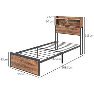 HOMCOM 3.1FT Single Bed Frame with Storage Headboard and Under Bed Storage