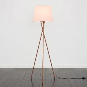 ValueLights Camden Modern Copper Metal Tripod Floor Lamp with Pink Tapered Shade - Includes 6w LED Bulb 3000K Warm White