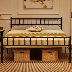 Minimalist Metal Bed Frame with Slatted Headboard Black / Kingsize (5')