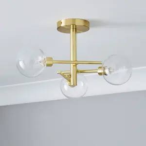 Litecraft Supa Brass 3 Arm Stick Semi-Flush Ceiling Light