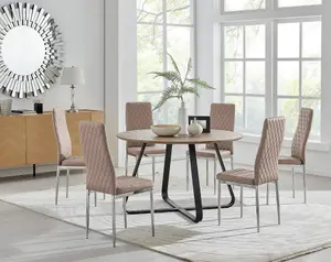 Furniturebox UK Santorini Brown Wood Effect Round Dining Table & 6 Cappuccino Milan Chrome Leg Chairs