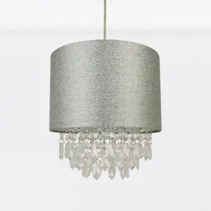 First Choice Lighting Set of 2 Sparkle Grey Faux Silk Jewelled Easy Fit Light Shades