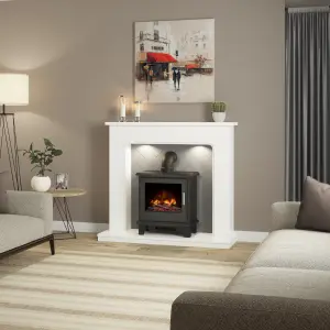 Be Modern Fontwell White marble & grey herringbone effect Fire surround set with Lights included