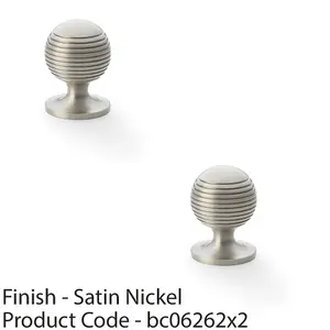 2 PACK - Reeded Ball Door Knob - 32mm Diameter Satin Nickel Lined Cupboard Pull Handle