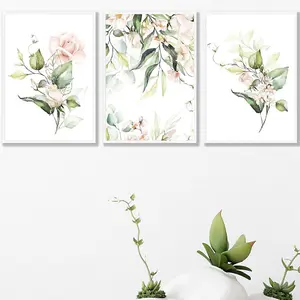 Set of 3 Pink Watercolour Rose Bouquets Wall Art Prints / 42x59cm (A2) / White Frame