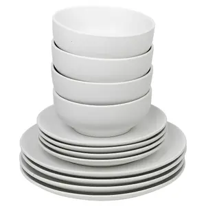 Queensway Home & Dining 26cm Diameter 16 Pcs White Coloured Stone Ceramic Dinnerware Plates Pasta Bowls Set