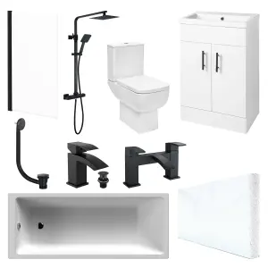 Modern Bathroom Suite 1700 x 700 Bath, Waterproof Front Panel, Close Coupled WC, 2 Door Vanity Unit, Matt Black Shower & Tap Set