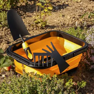 TOUGH MASTER Garden Tool Set Steel Hand Tool Gift Set with Hand Trowel, 2 in 1 Hand Hoe, Rake & Foldable Basket - 4 Pieces