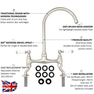 ENKI Astbury Traditional Brushed Nickel Deck Mount Mixer Tap for Kitchen Sink