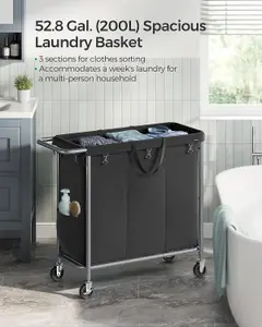 SONGMICS Rolling Laundry Hamper, Triple-Compartment Clothes Basket, Spacious, Liner Removal, Ink Black