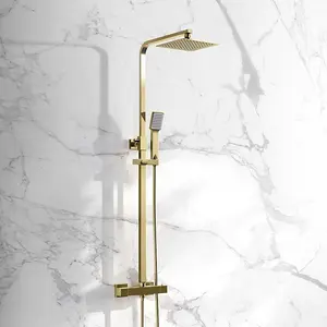 Square Brushed Brass Thermostatic Shower Twin Head