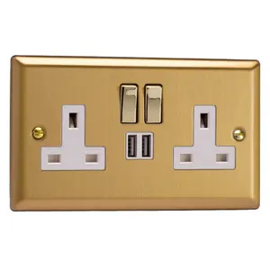 Varilight 2-Gang 13A Single Pole Switched Socket + 2x5V DC 2100mA USB Charging Ports  Brushed Brass