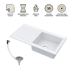 Single Bowl Fireclay Ceramic Inset Kitchen Sink & Drainer with Compatible Waste - 1010mm