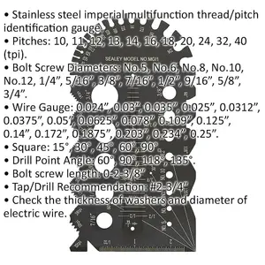 Imperial Multi Gauge - Stainless Steel - Thread & Pitch Identification Gauge