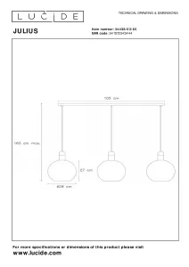 Lucide Julius Modern Bar Pendant Light - 3xE27 - Smoke Grey