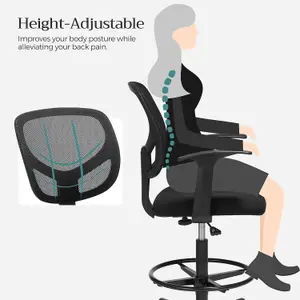 SONGMICS Drafting Stool Chair with Armrest, Mesh Office Chair, Ergonomic Painting Chair with Height Adjustable Footrest, Black