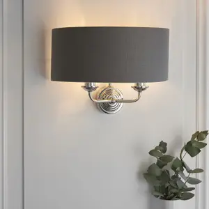 Wall Light - Bright Nickel Plate & Charcoal Fabric - 2 x 40W E14 - Dimmable