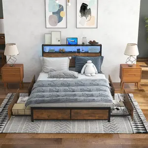 Costway King Size Bed Frame Metal Bed Platform LED Lights Headboard & 4 Storage Drawers