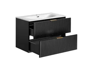 Bathroom Vanity Unit with Basin Black 800mm Vanity Cabinet with Sink Ribbed Textured Wall Hung Adel