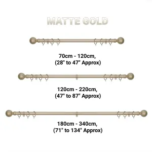 A.Unique Home Plain Round Ball Metal Extendable Curtain Pole with Rings and Fittings (25/28mm) - Matte Gold, 70cm - 120cm  Approx