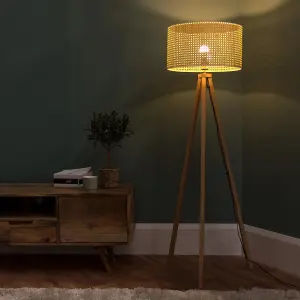 ValueLights Light Wood Tripod Design Floor Lamp With Cream Woven Rattan Wicker Effect Shade