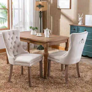 Set of 6 Lux Beige Velvet Upholstered Kitchen Dining Chairs Home Office Bedroom Chairs with Wing Back