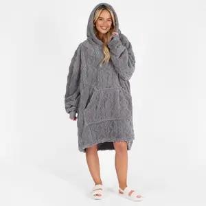 Cable Knit Hoodie Blanket Fleece Wearable Throw Warm Giant Plush Soft, Grey