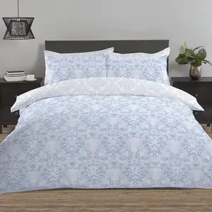 NightComfort Damask Blue Cotton Rich Duvet Cover Set with Pillowcase Kingsize - 2 Standard Pillowcases