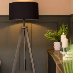 ValueLights Morrigan Grey Wood Tripod Design Floor Lamp with Storage Shelf & Navy Blue Drum Shade - Includes 6w LED Bulb 3000K