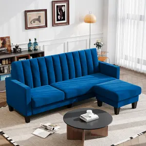 Sectional Couch Velvet L Shaped 3 Seat Blue Sofa with Chaise