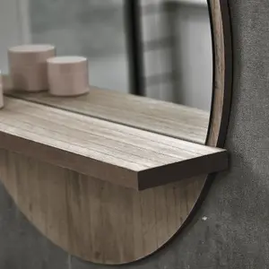 kleankin Round Mirror for Wall Makeup Mirror with Shelf Grey Wood Effect