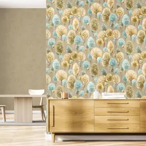 Galerie Julie Feels Home Light Blue/ Cream Large Tilia Shimmery Trees Wallpaper Roll