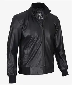 Mens Black Leather Bomber Jacket