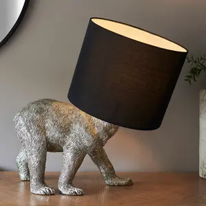 Luminosa Barack Bear Base & Shade Table Lamp Vintage Silver Paint & Black Fabric