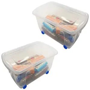 2 x 45 Litre Strong Plastic Storage Boxes For Home, Office & Schools Complete With Lid & Built In Wheels