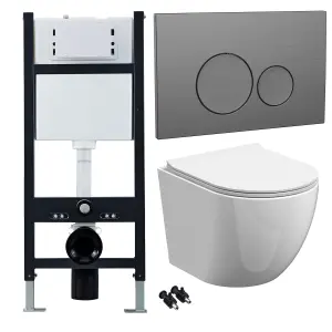 Bubly Bathrooms™ White Rimless Wall Hung Toilet Pan, Seat & 1.13m Concealed Cistern Frame - Gunmetal