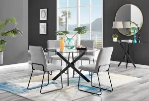 Furniturebox Novara Clear Tempered Glass 120cm Round Dining Table with Black Starburst Legs & 4 Light Grey Halle Fabric Chairs