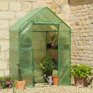 Walk-In Greenhouse with PE Cover - 4 Shelf Grow House - Durable Steel Tubing - Zipped PE Cover - Unobtrusive