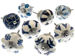 MangoTreeKnobs - Mixed Set of Blue & White Vintage Style Ceramic Cupboard Knobs x Pack 8 (MG-713)