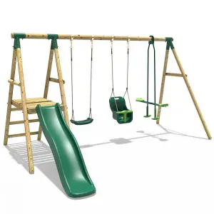 Rebo Voyager Wooden Garden Swing Set with Standard Seat, Baby Seat, Glider, Platform and Slide - Green