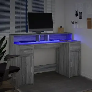 Berkfield Desk with LED Lights Grey Sonoma 140x55x91 cm Engineered Wood