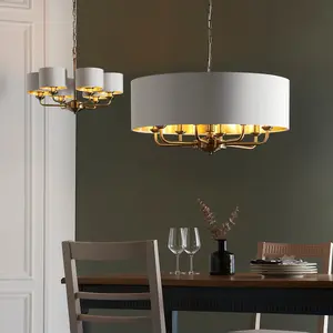 Haywood Antique Brass with Vintage White Faux Silk Shades Classic Modern 8 Light Ceiling Pendant