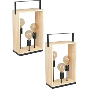 2 PACK Table Lamp Desk Light Black & Natural Steel & Wood Box 3x 40W E27